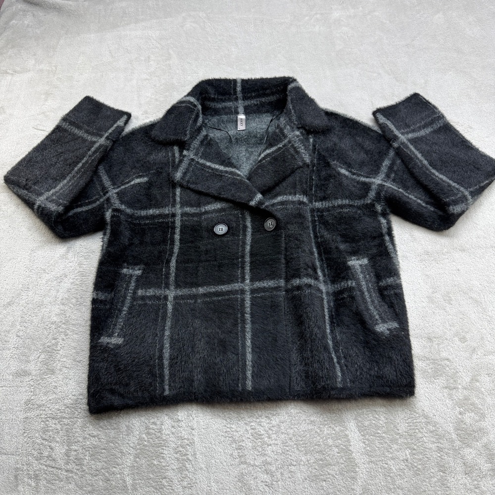 NIKKY Cardigan Jacket Women L Black Plaid Eyelash Knit Double Breasted Cozycore